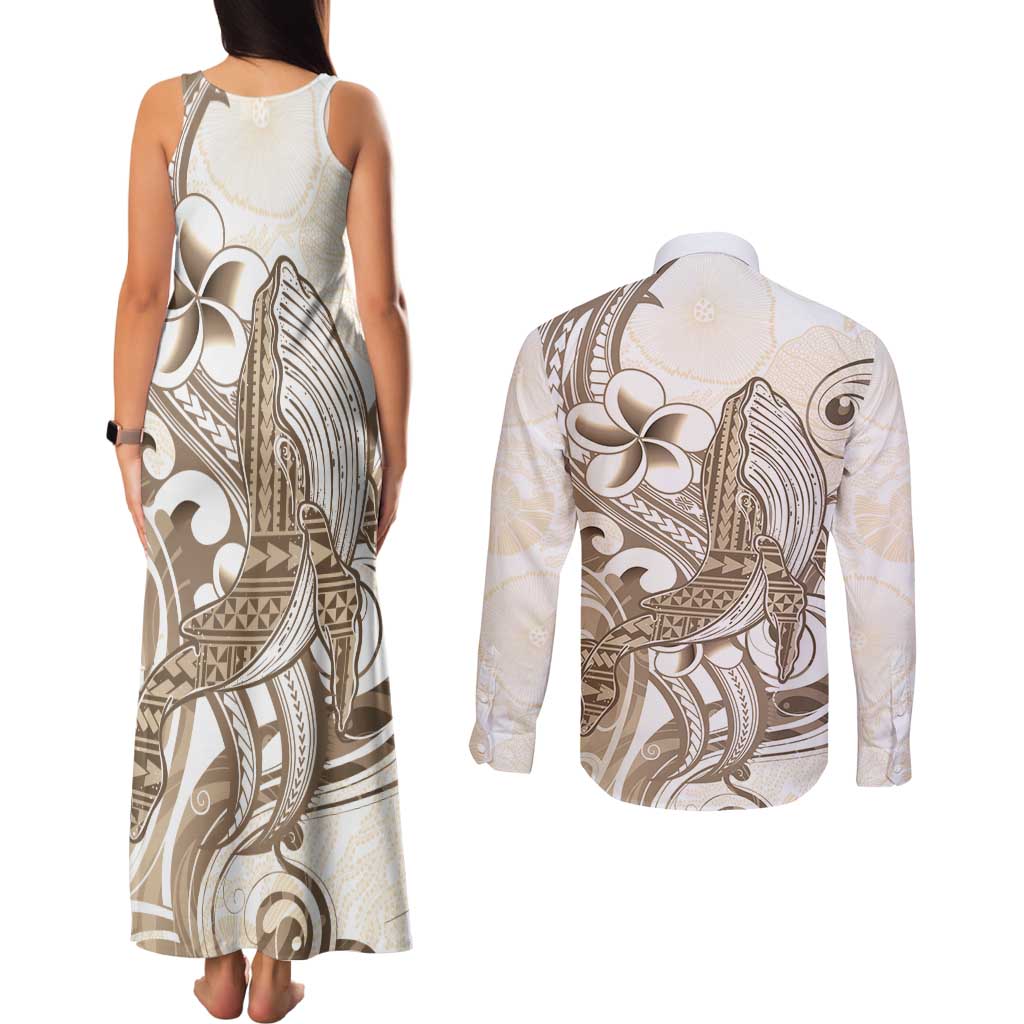 Brown Hawaii Humpback Whale Couples Matching Tank Maxi Dress and Long Sleeve Button Shirt Polynesian Tribal Ocean Vibes LT14 - Polynesian Pride