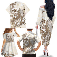 Brown Hawaii Humpback Whale Family Matching Off The Shoulder Long Sleeve Dress and Hawaiian Shirt Polynesian Tribal Ocean Vibes