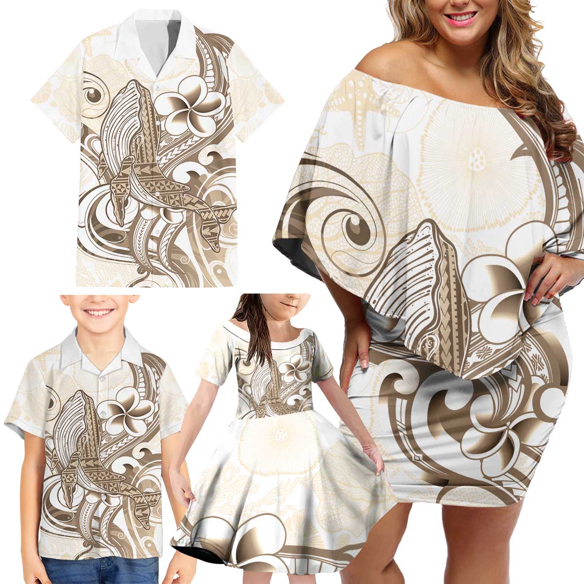 Brown Hawaii Humpback Whale Family Matching Off Shoulder Short Dress and Hawaiian Shirt Polynesian Tribal Ocean Vibes LT14 - Polynesian Pride