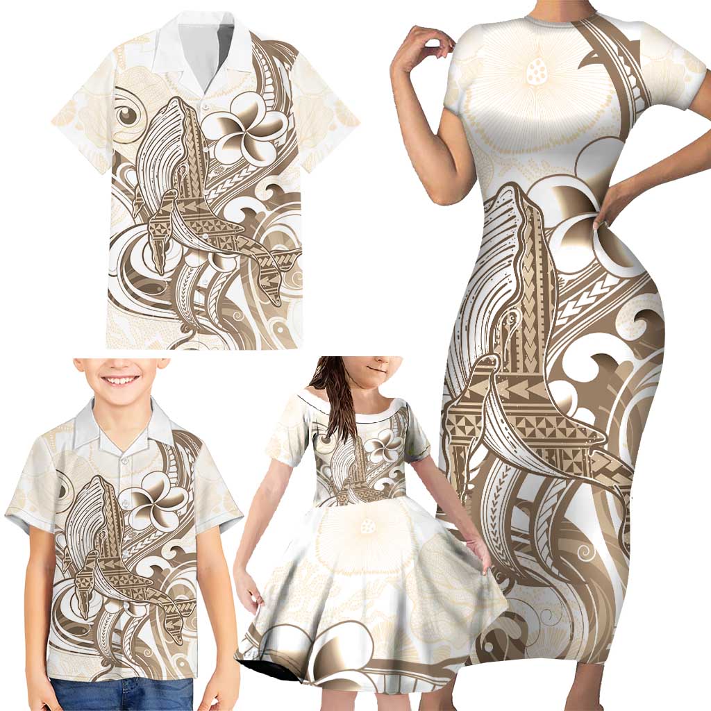 Brown Hawaii Humpback Whale Family Matching Short Sleeve Bodycon Dress and Hawaiian Shirt Polynesian Tribal Ocean Vibes