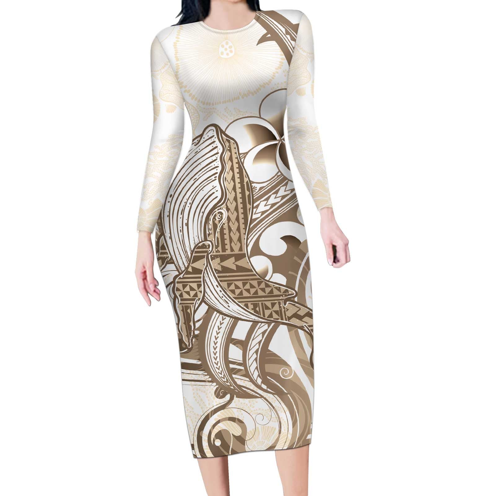 Brown Hawaii Humpback Whale Long Sleeve Bodycon Dress Polynesian Tribal Ocean Vibes