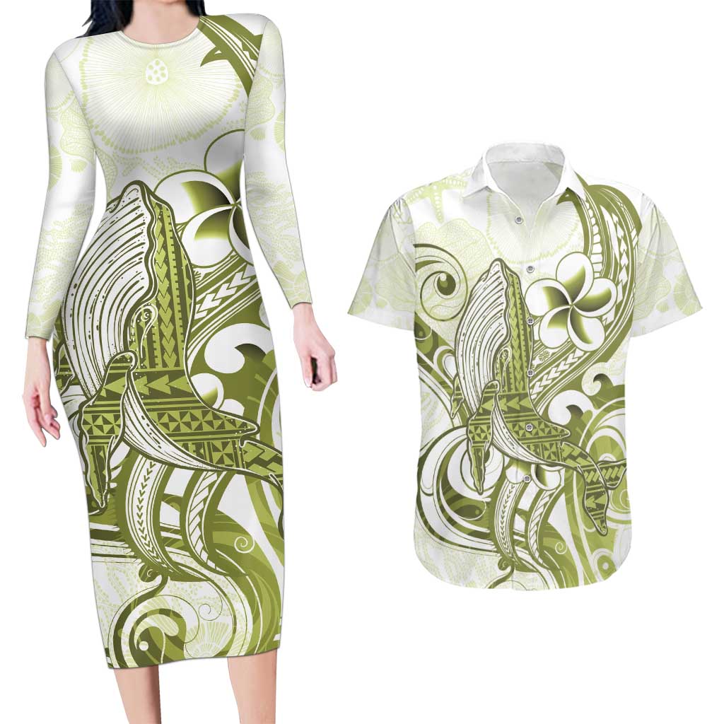 Lime Green Hawaii Couples Matching Long Sleeve Bodycon Dress and Hawaiian Shirt Humpback Whale Tattoo Polynesian Tribal Ocean Vibes