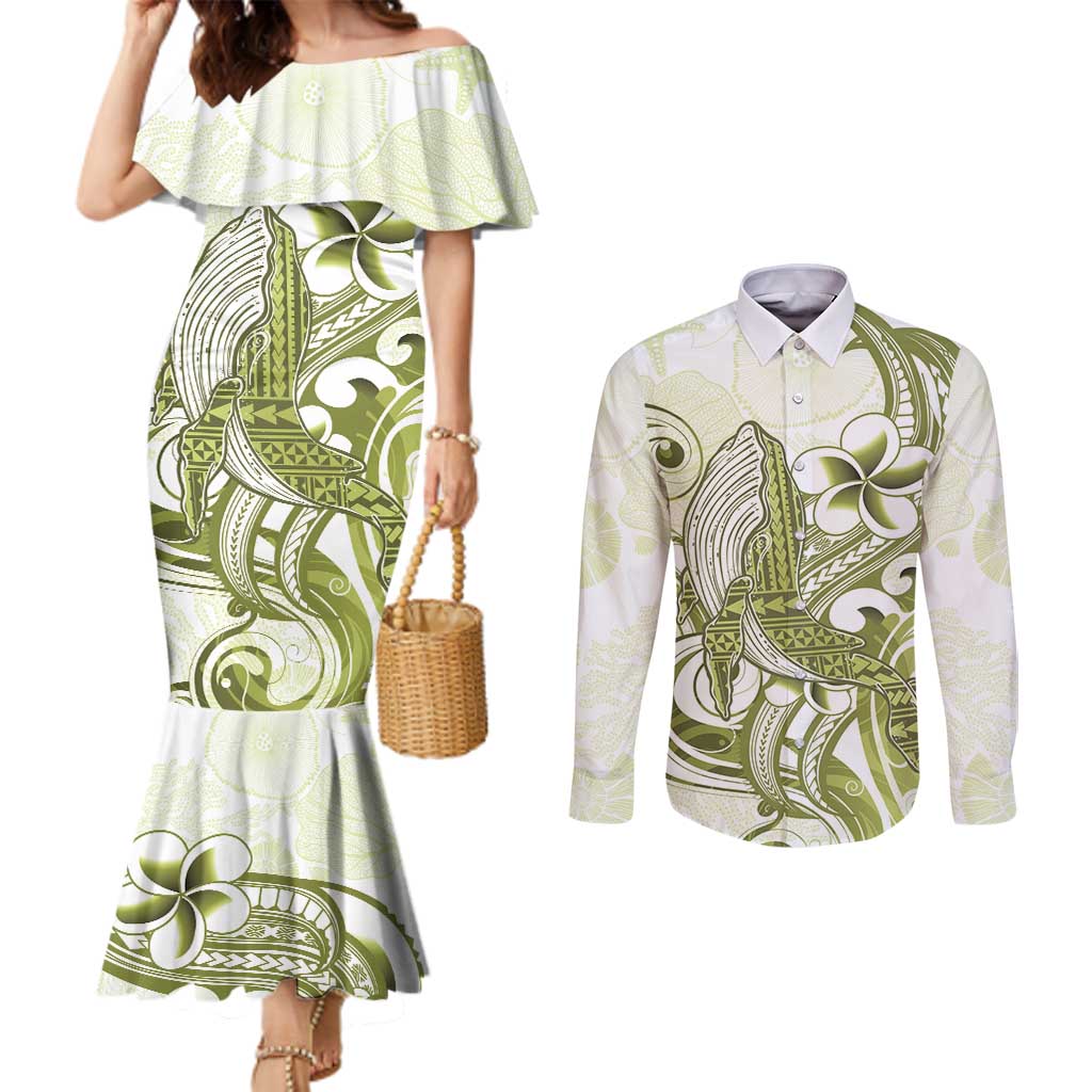 Lime Green Hawaii Couples Matching Mermaid Dress and Long Sleeve Button Shirt Humpback Whale Tattoo Polynesian Tribal Ocean Vibes LT14 Lime Green - Polynesian Pride