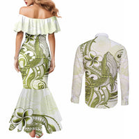 Lime Green Hawaii Couples Matching Mermaid Dress and Long Sleeve Button Shirt Humpback Whale Tattoo Polynesian Tribal Ocean Vibes LT14 - Polynesian Pride