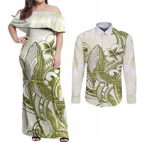 Lime Green Hawaii Couples Matching Off Shoulder Maxi Dress and Long Sleeve Button Shirt Humpback Whale Tattoo Polynesian Tribal Ocean Vibes LT14 Lime Green - Polynesian Pride