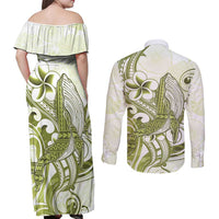 Lime Green Hawaii Couples Matching Off Shoulder Maxi Dress and Long Sleeve Button Shirt Humpback Whale Tattoo Polynesian Tribal Ocean Vibes LT14 - Polynesian Pride