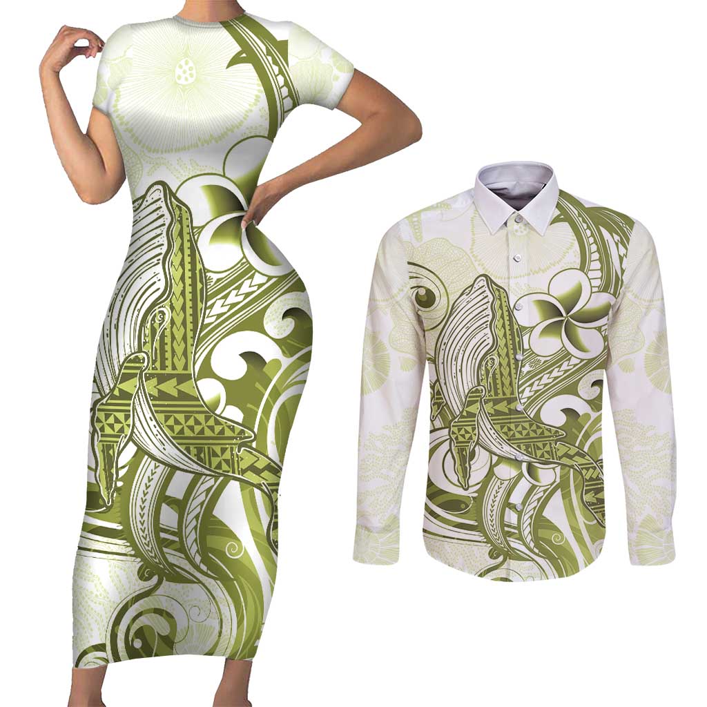 Lime Green Hawaii Couples Matching Short Sleeve Bodycon Dress and Long Sleeve Button Shirt Humpback Whale Tattoo Polynesian Tribal Ocean Vibes LT14 Lime Green - Polynesian Pride