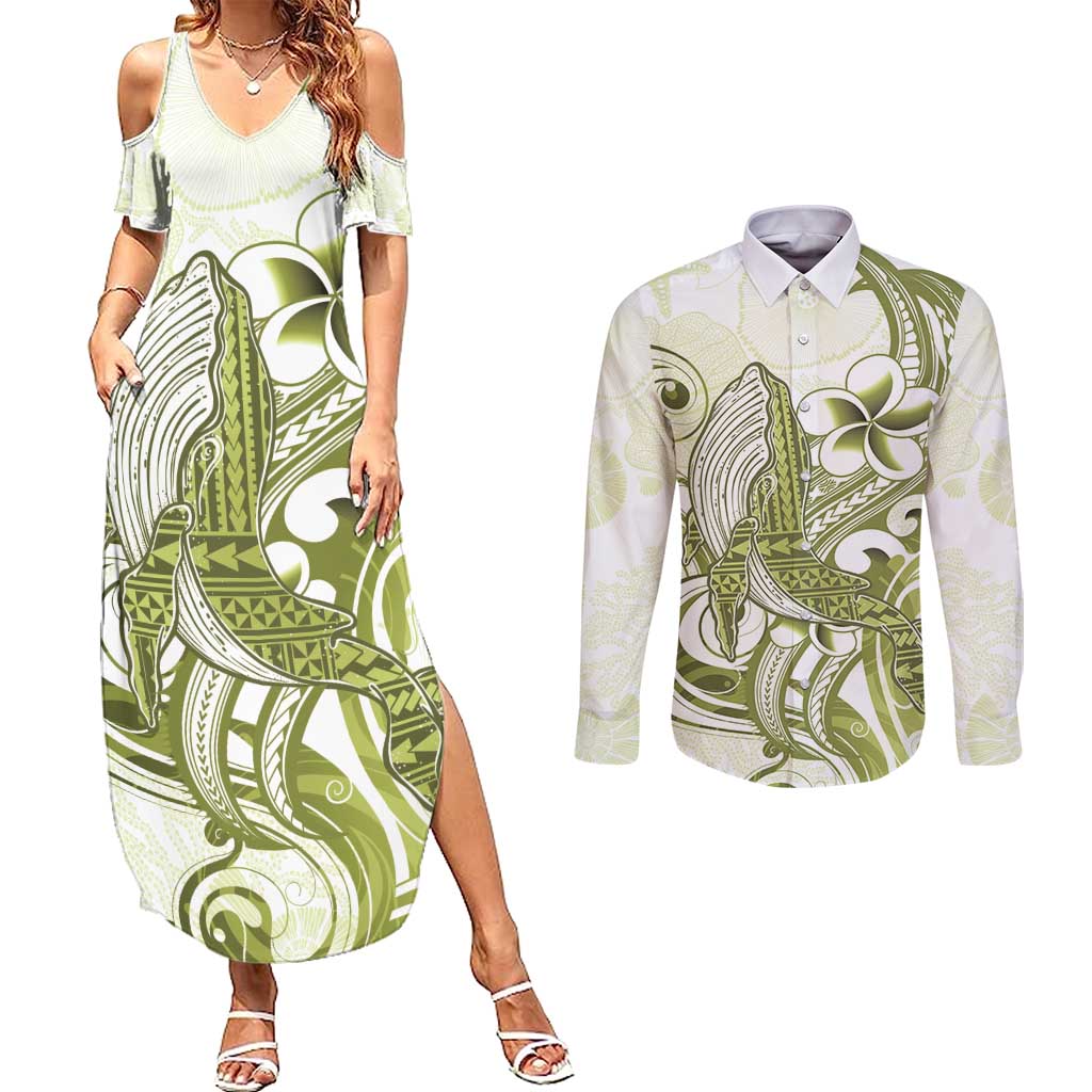 Lime Green Hawaii Couples Matching Summer Maxi Dress and Long Sleeve Button Shirt Humpback Whale Tattoo Polynesian Tribal Ocean Vibes
