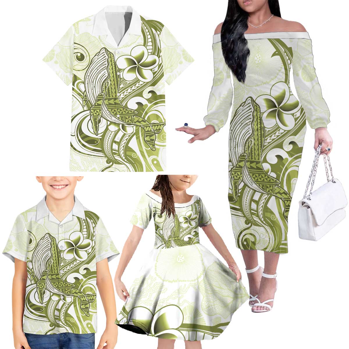 Lime Green Hawaii Family Matching Off The Shoulder Long Sleeve Dress and Hawaiian Shirt Humpback Whale Tattoo Polynesian Tribal Ocean Vibes