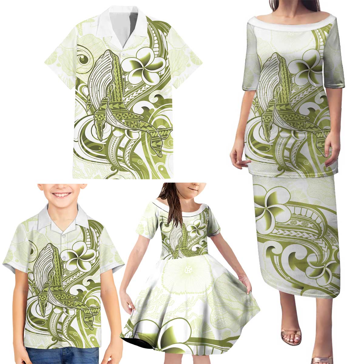 Lime Green Hawaii Family Matching Puletasi and Hawaiian Shirt Humpback Whale Tattoo Polynesian Tribal Ocean Vibes