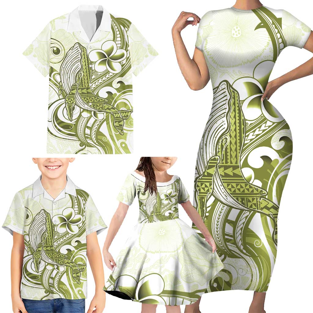 Lime Green Hawaii Family Matching Short Sleeve Bodycon Dress and Hawaiian Shirt Humpback Whale Tattoo Polynesian Tribal Ocean Vibes