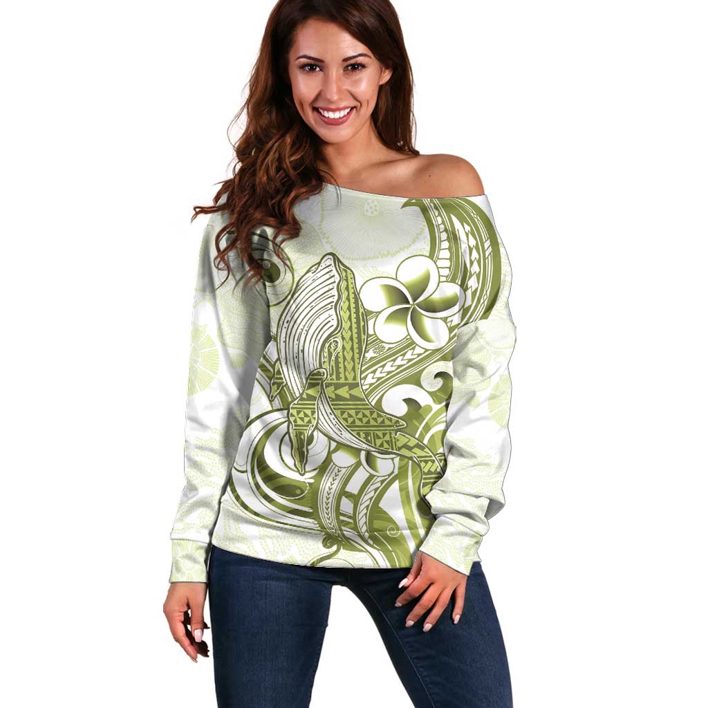 Lime Green Hawaii Off Shoulder Sweater Humpback Whale Tattoo Polynesian Tribal Ocean Vibes