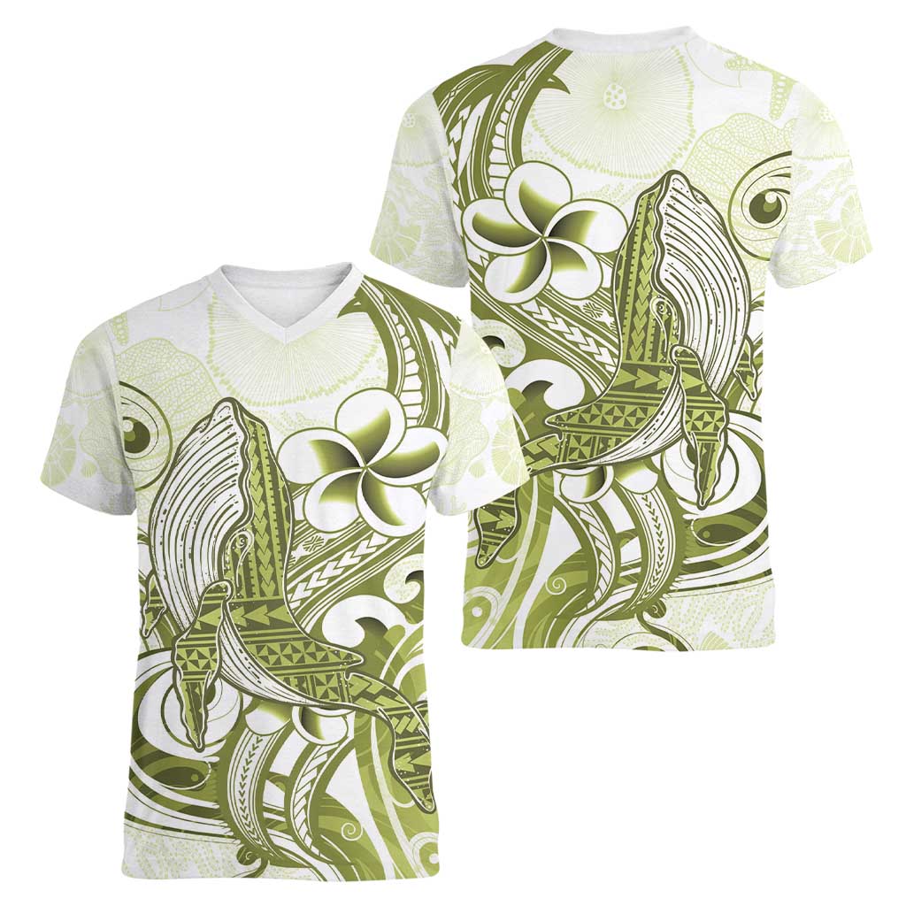Lime Green Hawaii Women V-Neck T-Shirt Humpback Whale Tattoo Polynesian Tribal Ocean Vibes
