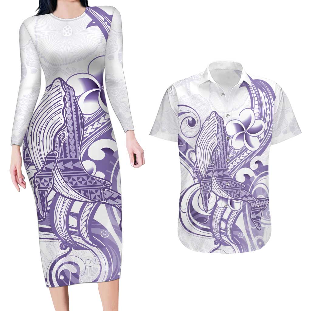 Purple Hawaii Couples Matching Long Sleeve Bodycon Dress and Hawaiian Shirt Humpback Whale Tattoo Polynesian Tribal Ocean Vibes LT14 Purple - Polynesian Pride