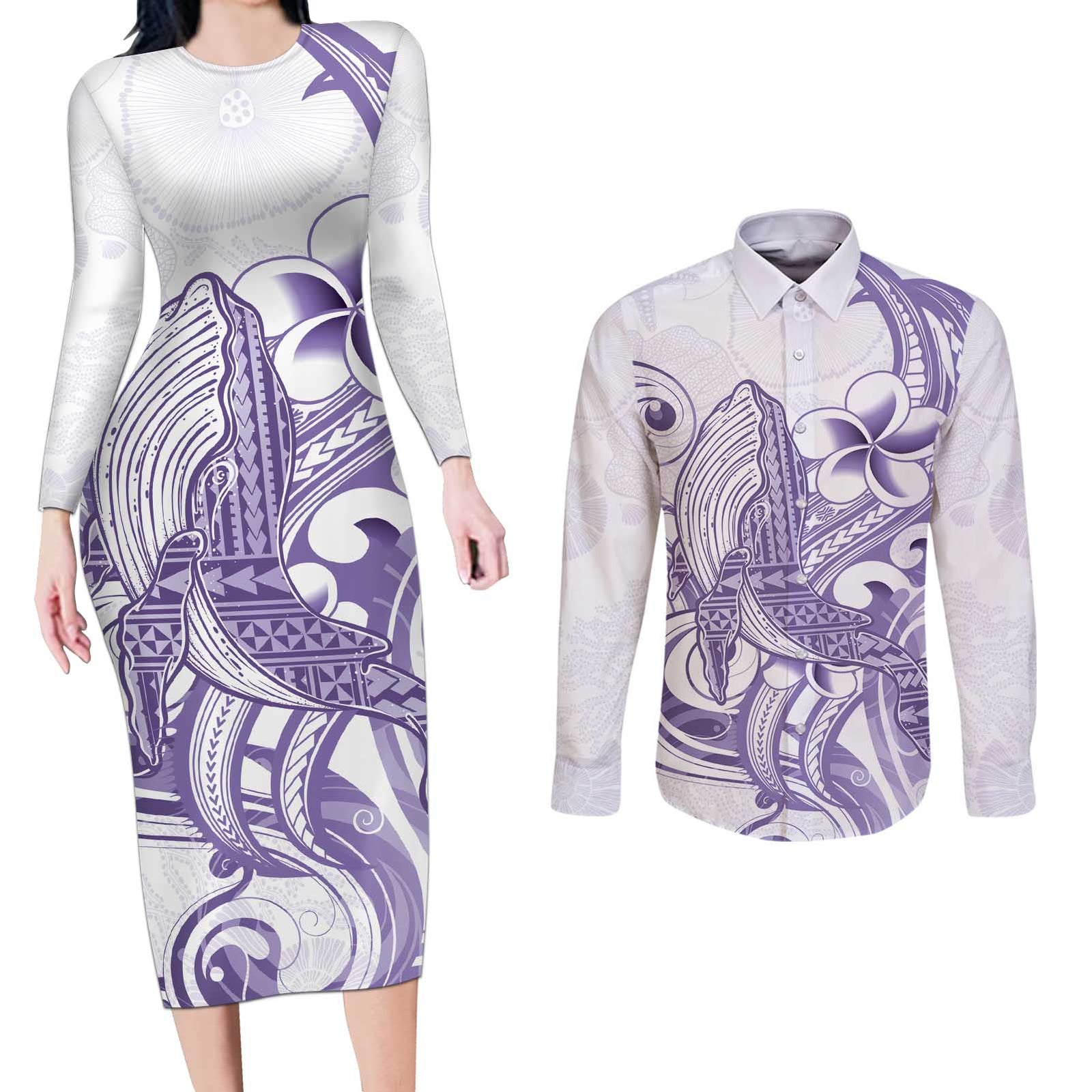 Purple Hawaii Couples Matching Long Sleeve Bodycon Dress and Long Sleeve Button Shirt Humpback Whale Tattoo Polynesian Tribal Ocean Vibes LT14 Purple - Polynesian Pride
