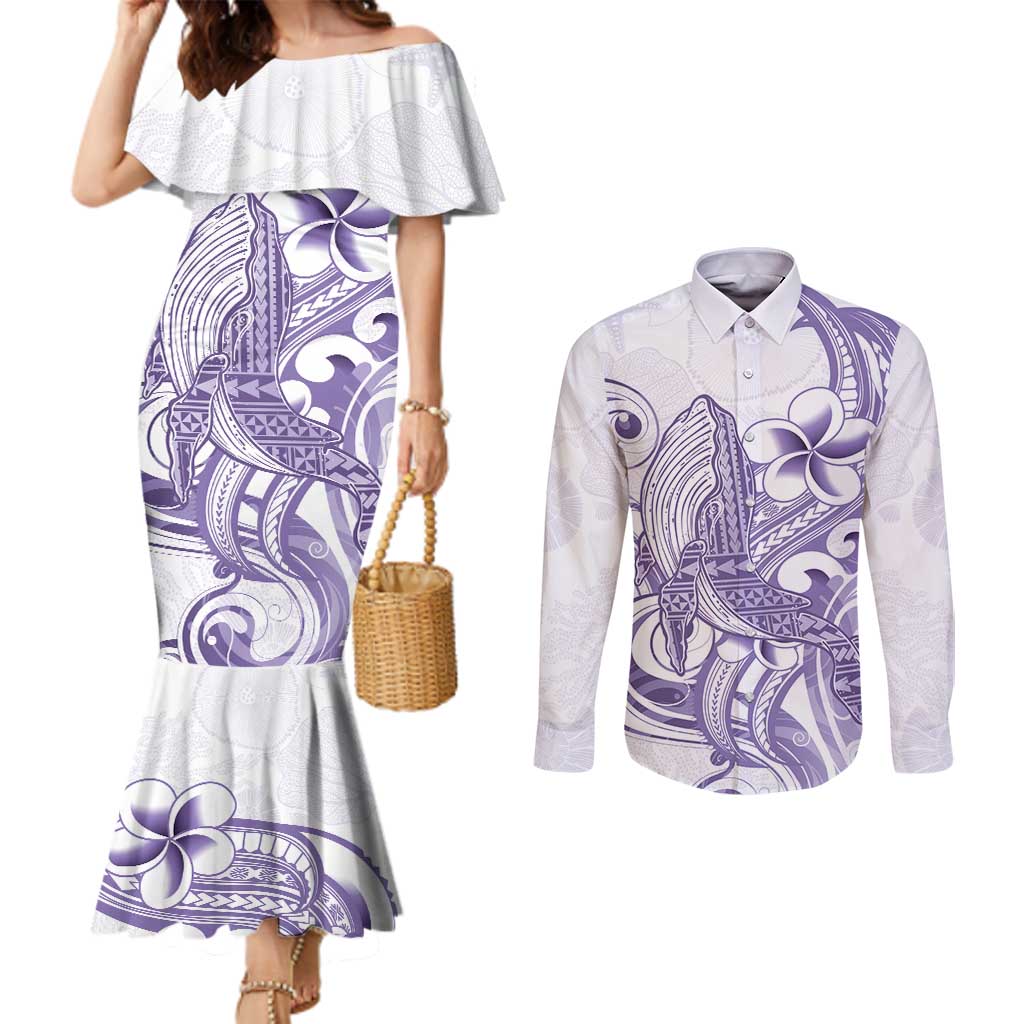 Purple Hawaii Couples Matching Mermaid Dress and Long Sleeve Button Shirt Humpback Whale Tattoo Polynesian Tribal Ocean Vibes