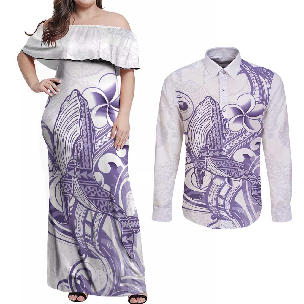 Purple Hawaii Couples Matching Off Shoulder Maxi Dress and Long Sleeve Button Shirt Humpback Whale Tattoo Polynesian Tribal Ocean Vibes LT14 Purple - Polynesian Pride