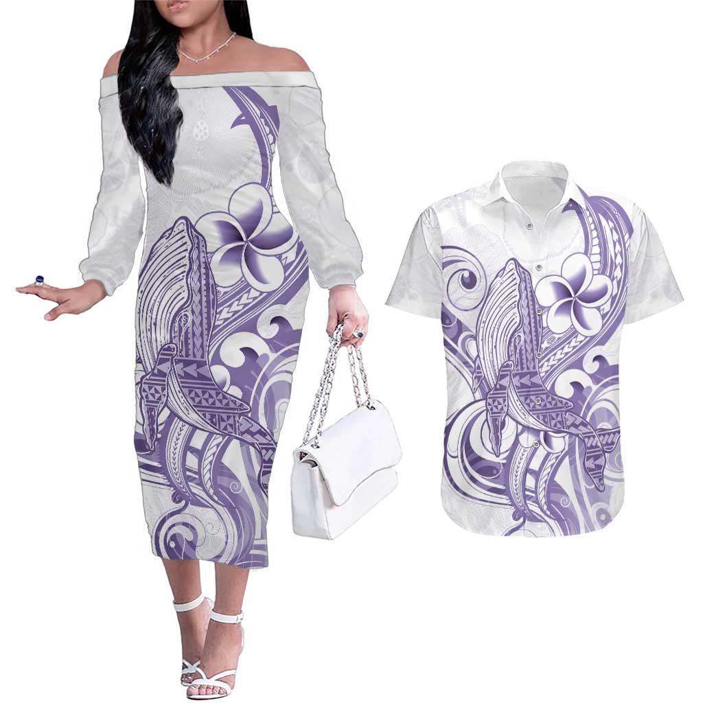 Purple Hawaii Couples Matching Off The Shoulder Long Sleeve Dress and Hawaiian Shirt Humpback Whale Tattoo Polynesian Tribal Ocean Vibes LT14 Purple - Polynesian Pride