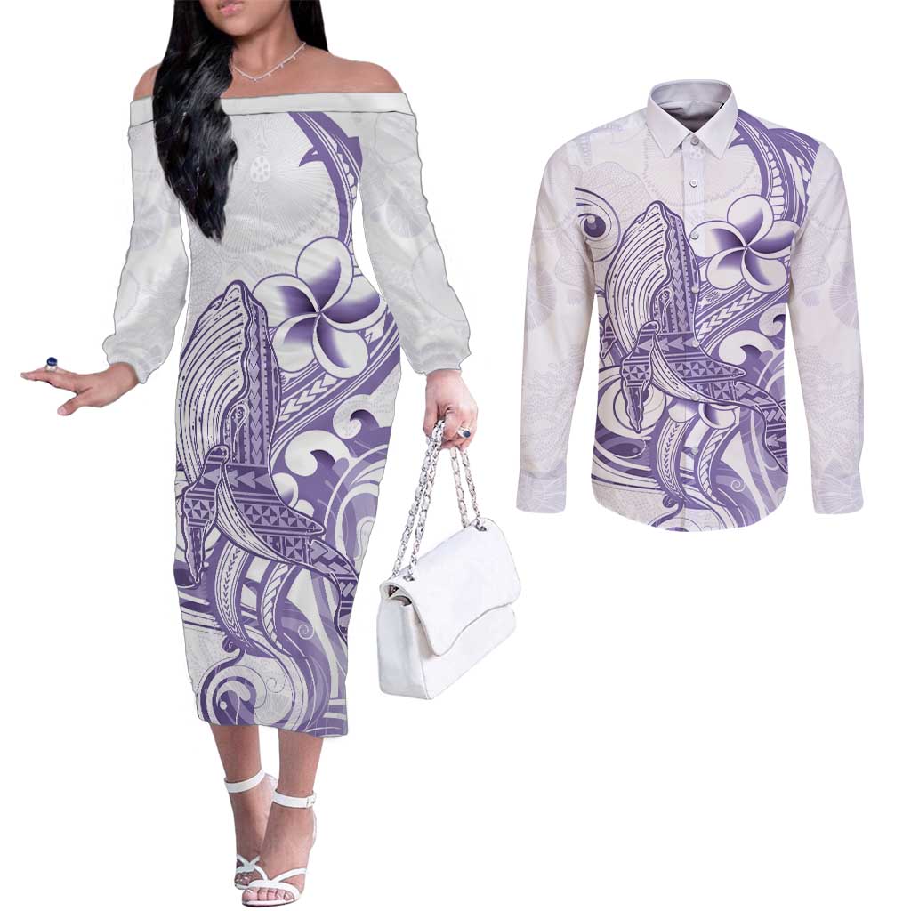 Purple Hawaii Couples Matching Off The Shoulder Long Sleeve Dress and Long Sleeve Button Shirt Humpback Whale Tattoo Polynesian Tribal Ocean Vibes LT14 Purple - Polynesian Pride