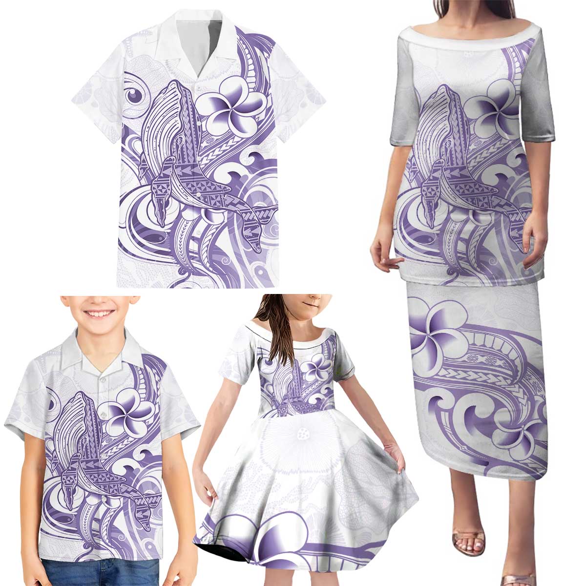 Purple Hawaii Family Matching Puletasi and Hawaiian Shirt Humpback Whale Tattoo Polynesian Tribal Ocean Vibes