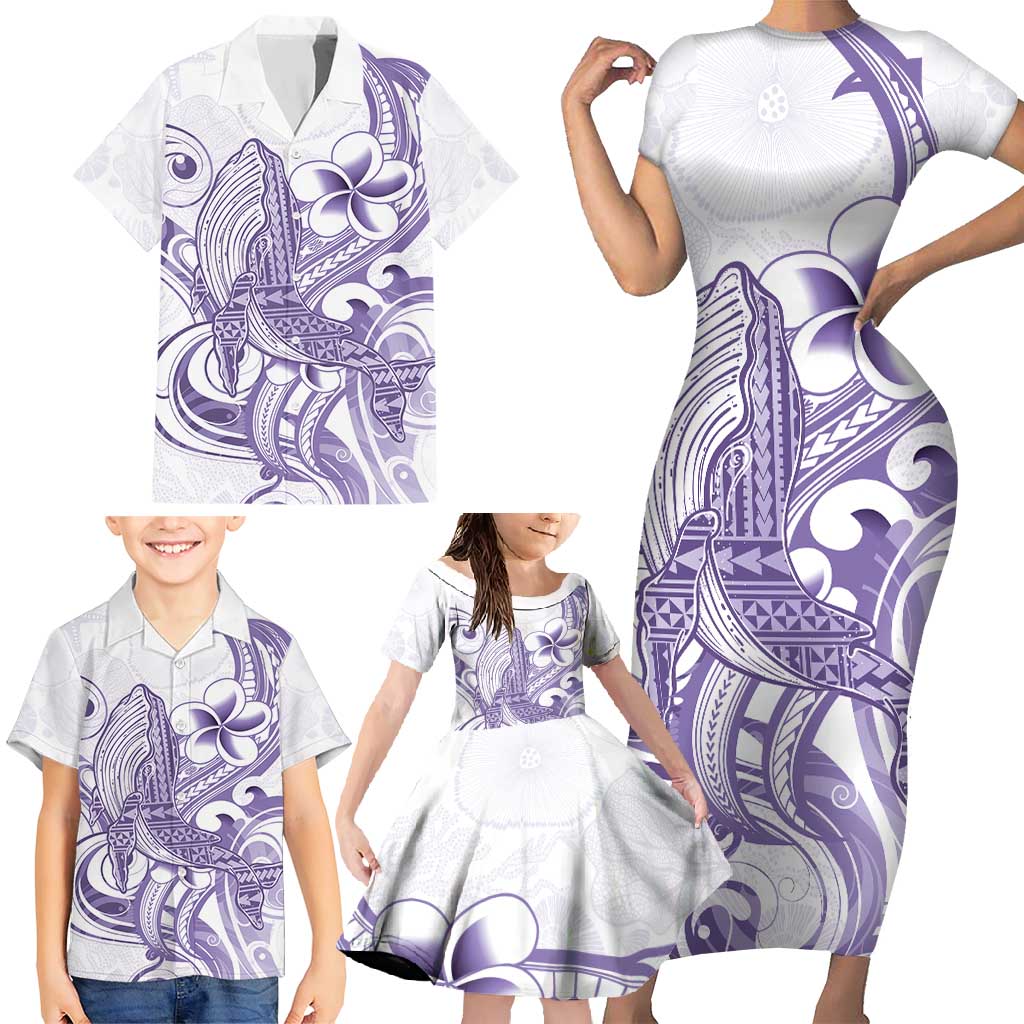 Purple Hawaii Family Matching Short Sleeve Bodycon Dress and Hawaiian Shirt Humpback Whale Tattoo Polynesian Tribal Ocean Vibes