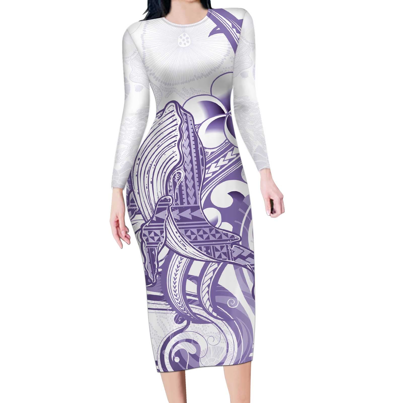 Purple Hawaii Long Sleeve Bodycon Dress Humpback Whale Tattoo Polynesian Tribal Ocean Vibes