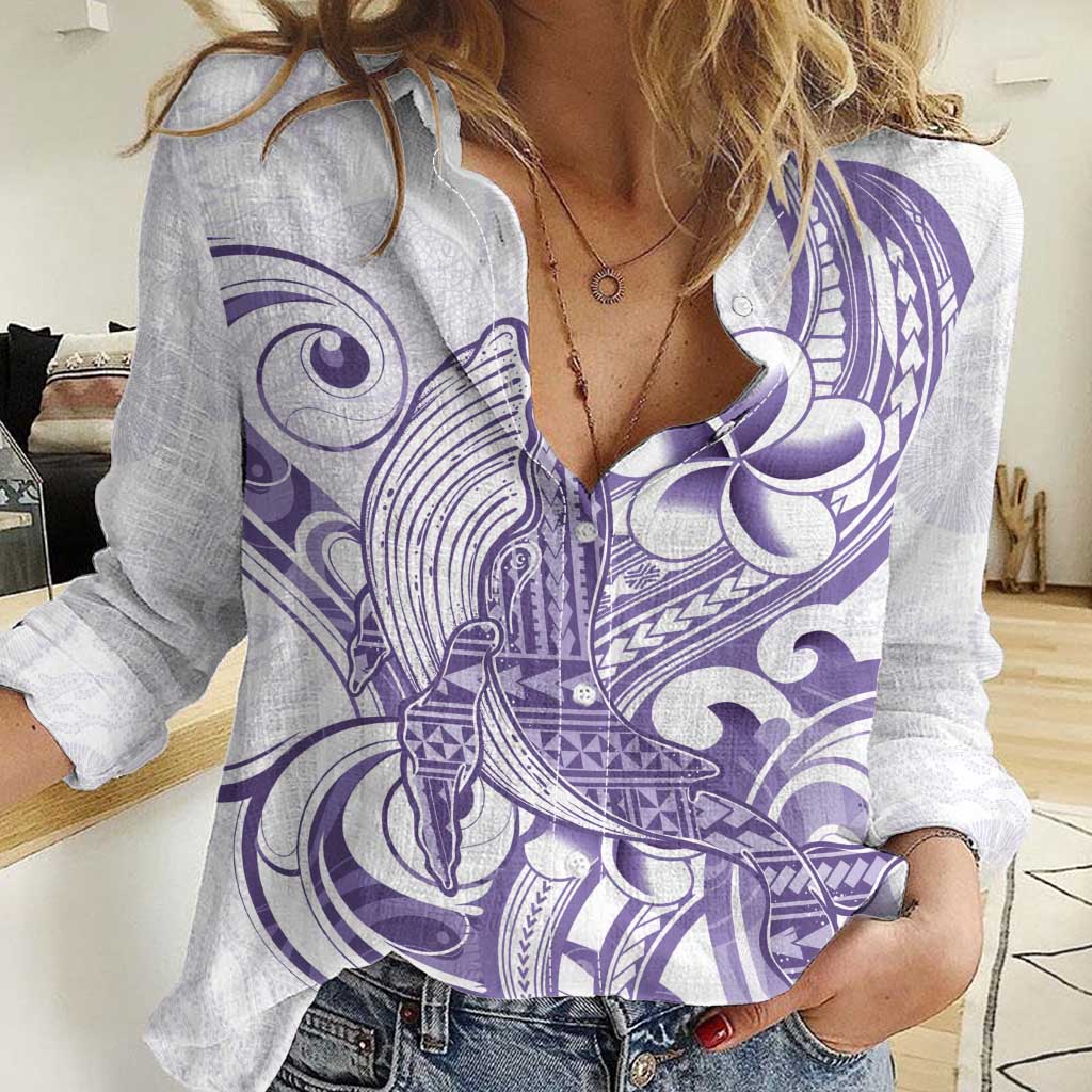 Purple Hawaii Women Casual Shirt Humpback Whale Tattoo Polynesian Tribal Ocean Vibes