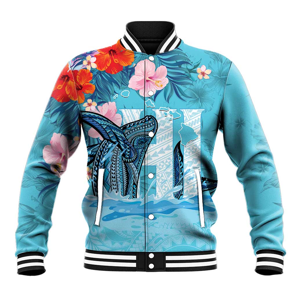 Personalised Hawaii Baseball Jacket Humpback Whale Tattoo With Tropical Flowers LT14 Unisex Blue - Polynesian Pride