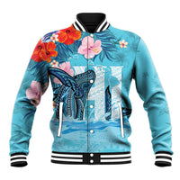 Personalised Hawaii Baseball Jacket Humpback Whale Tattoo With Tropical Flowers LT14 Unisex Blue - Polynesian Pride