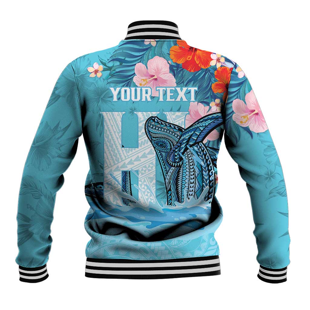 Personalised Hawaii Baseball Jacket Humpback Whale Tattoo With Tropical Flowers LT14 - Polynesian Pride