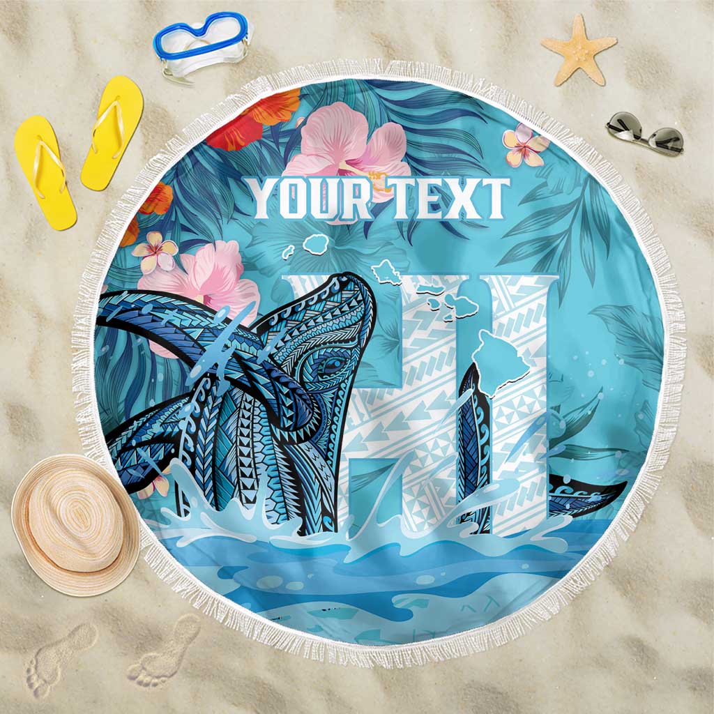 Personalised Hawaii Beach Blanket Humpback Whale Tattoo With Tropical Flowers LT14 One Size 150cm Blue - Polynesian Pride
