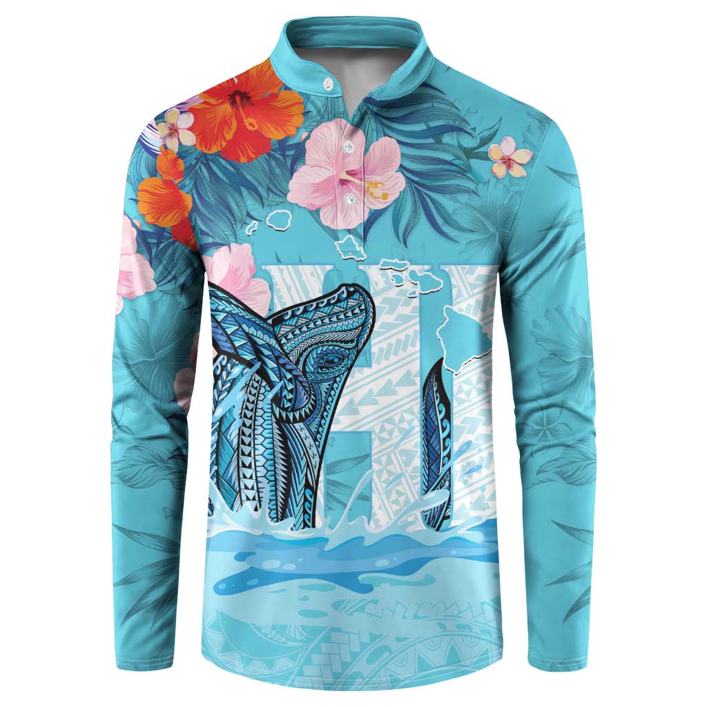 Personalised Hawaii Button Sweatshirt Humpback Whale Tattoo With Tropical Flowers LT14 Blue - Polynesian Pride