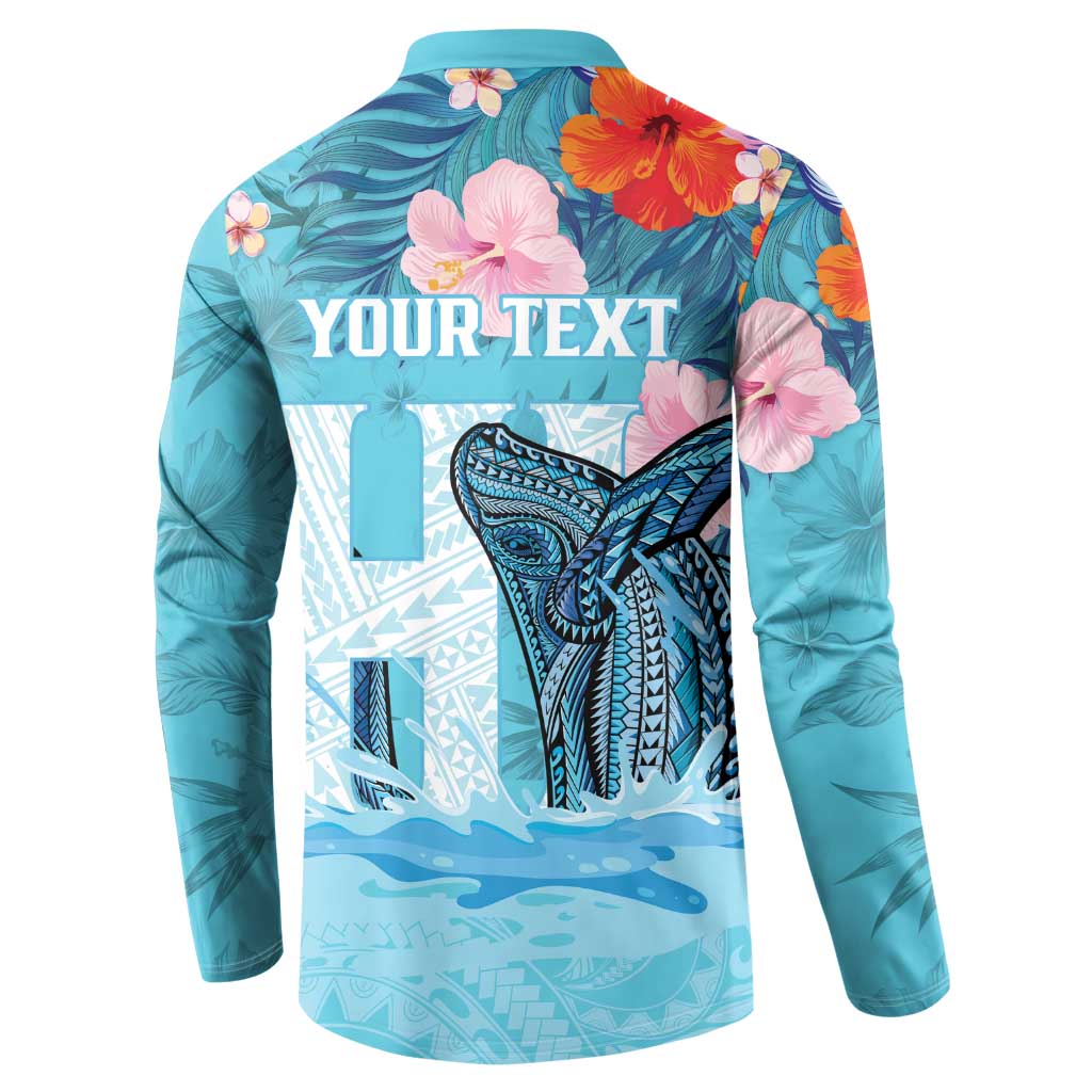 Personalised Hawaii Button Sweatshirt Humpback Whale Tattoo With Tropical Flowers LT14 - Polynesian Pride