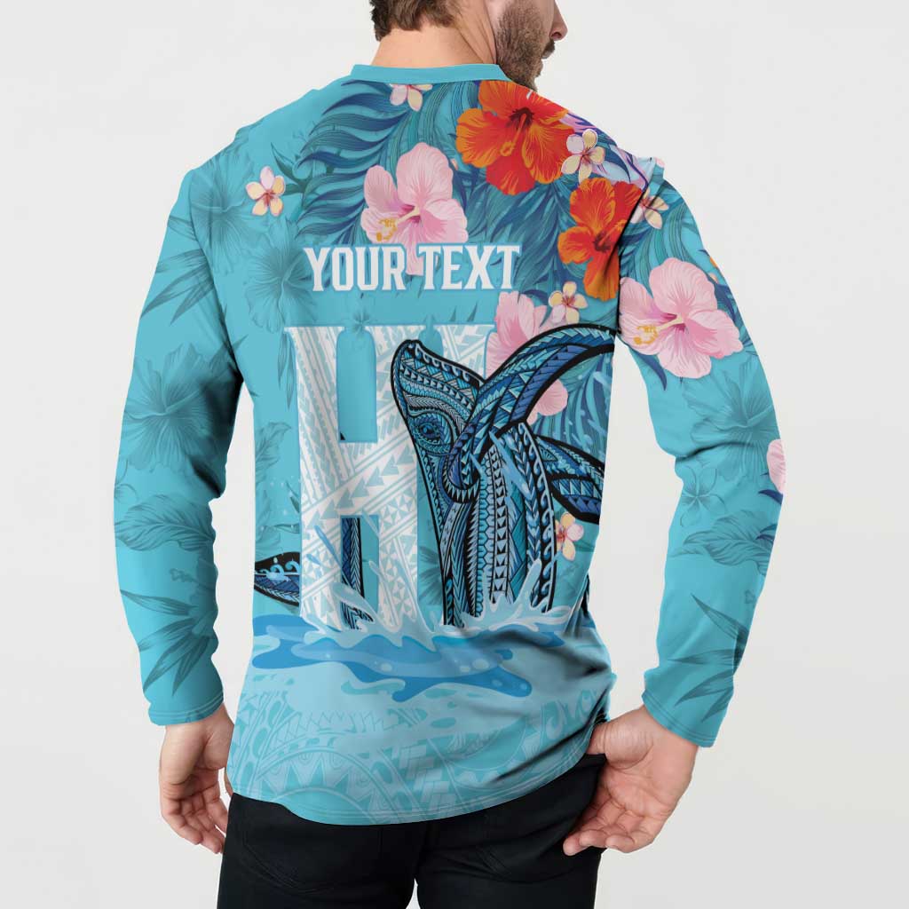 Personalised Hawaii Button Sweatshirt Humpback Whale Tattoo With Tropical Flowers LT14 - Polynesian Pride