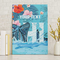 Personalised Hawaii Canvas Wall Art Humpback Whale Tattoo With Tropical Flowers LT14 Without Frame Blue - Polynesian Pride