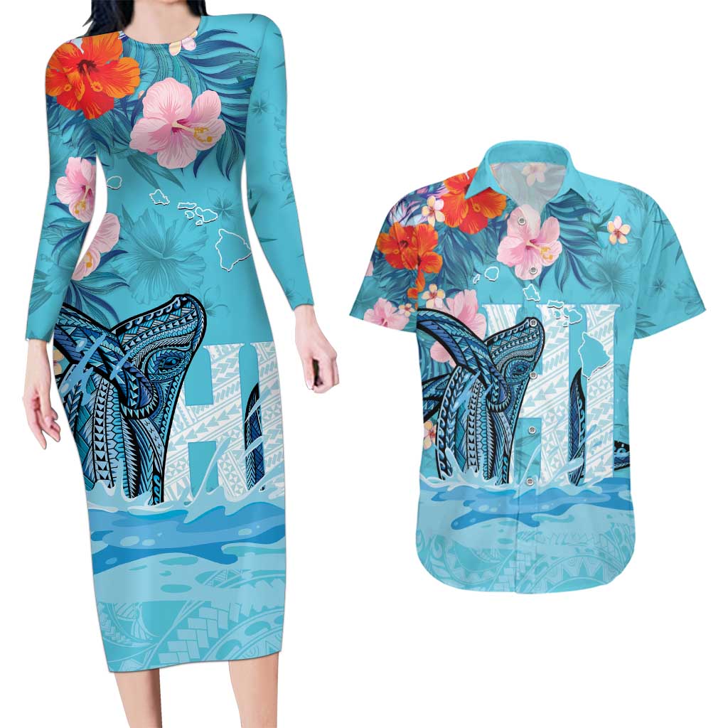 Personalised Hawaii Couples Matching Long Sleeve Bodycon Dress and Hawaiian Shirt Humpback Whale Tattoo With Tropical Flowers