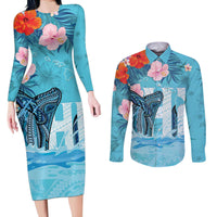 Personalised Hawaii Couples Matching Long Sleeve Bodycon Dress and Long Sleeve Button Shirt Humpback Whale Tattoo With Tropical Flowers LT14 Blue - Polynesian Pride