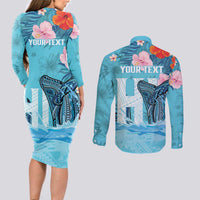 Personalised Hawaii Couples Matching Long Sleeve Bodycon Dress and Long Sleeve Button Shirt Humpback Whale Tattoo With Tropical Flowers LT14 - Polynesian Pride