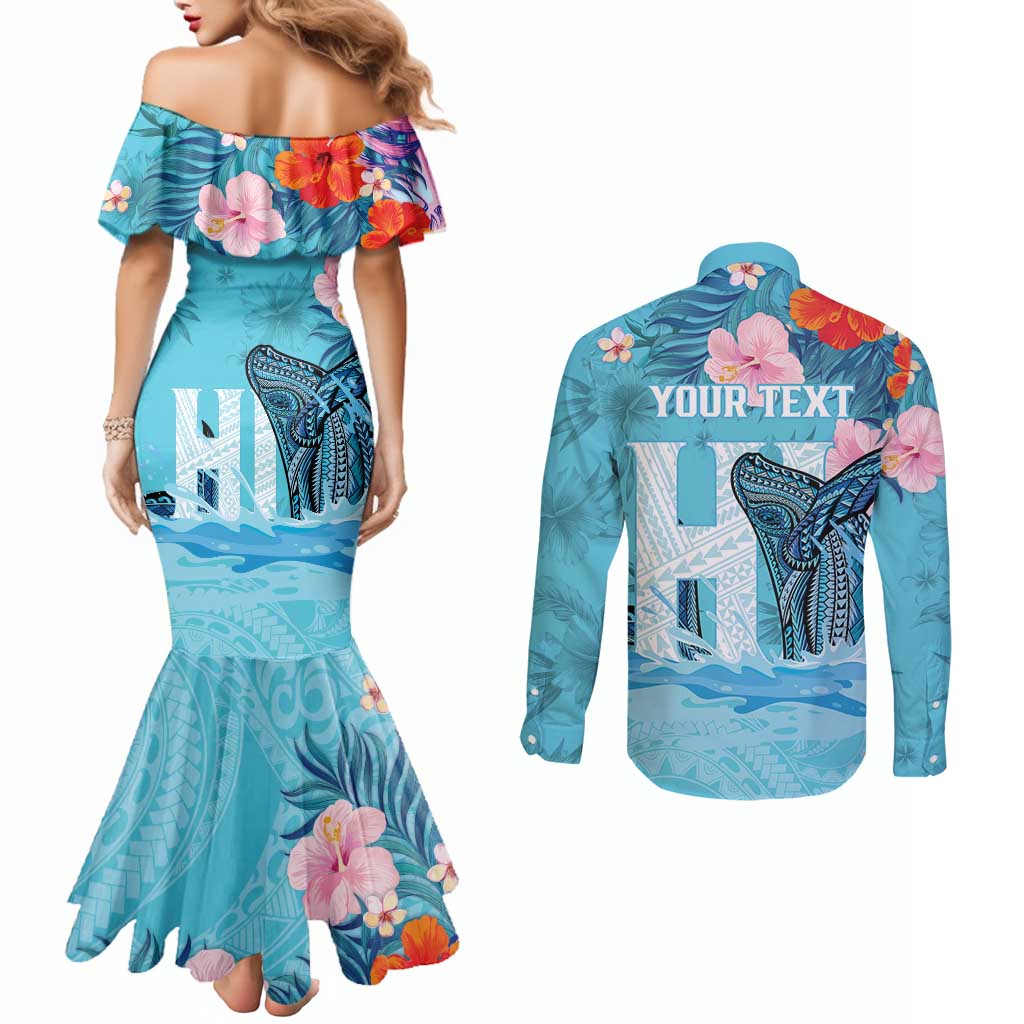 Personalised Hawaii Couples Matching Mermaid Dress and Long Sleeve Button Shirt Humpback Whale Tattoo With Tropical Flowers LT14 - Polynesian Pride