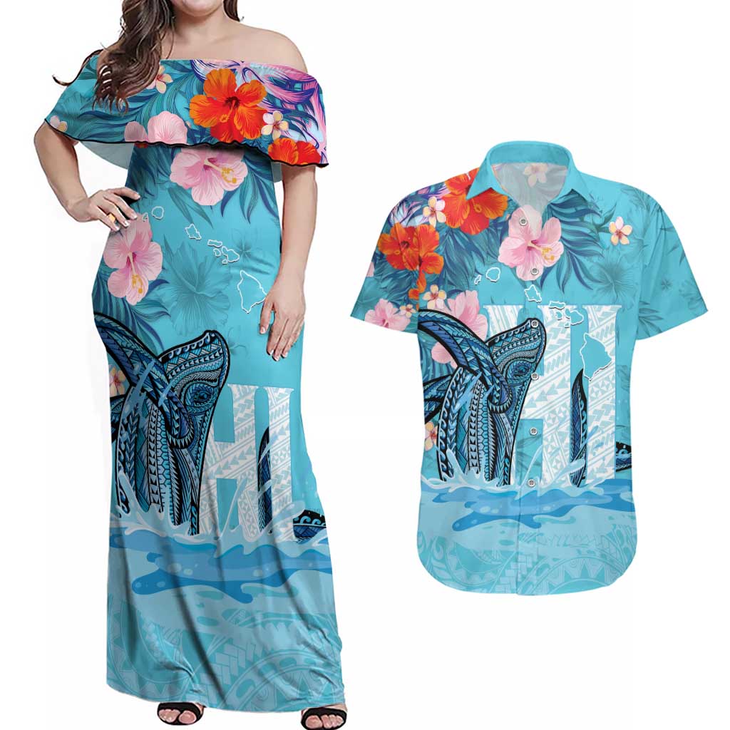 Personalised Hawaii Couples Matching Off Shoulder Maxi Dress and Hawaiian Shirt Humpback Whale Tattoo With Tropical Flowers