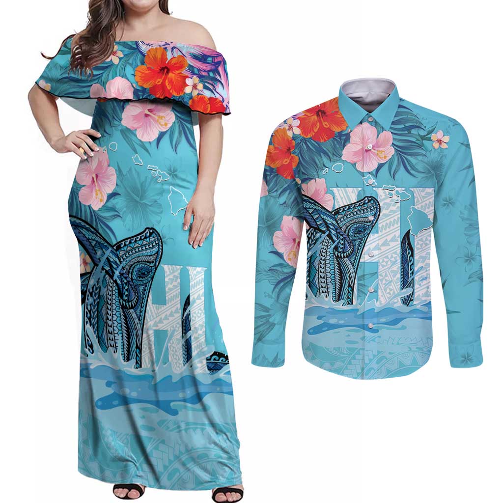 Personalised Hawaii Couples Matching Off Shoulder Maxi Dress and Long Sleeve Button Shirt Humpback Whale Tattoo With Tropical Flowers