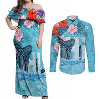Personalised Hawaii Couples Matching Off Shoulder Maxi Dress and Long Sleeve Button Shirt Humpback Whale Tattoo With Tropical Flowers LT14 Blue - Polynesian Pride