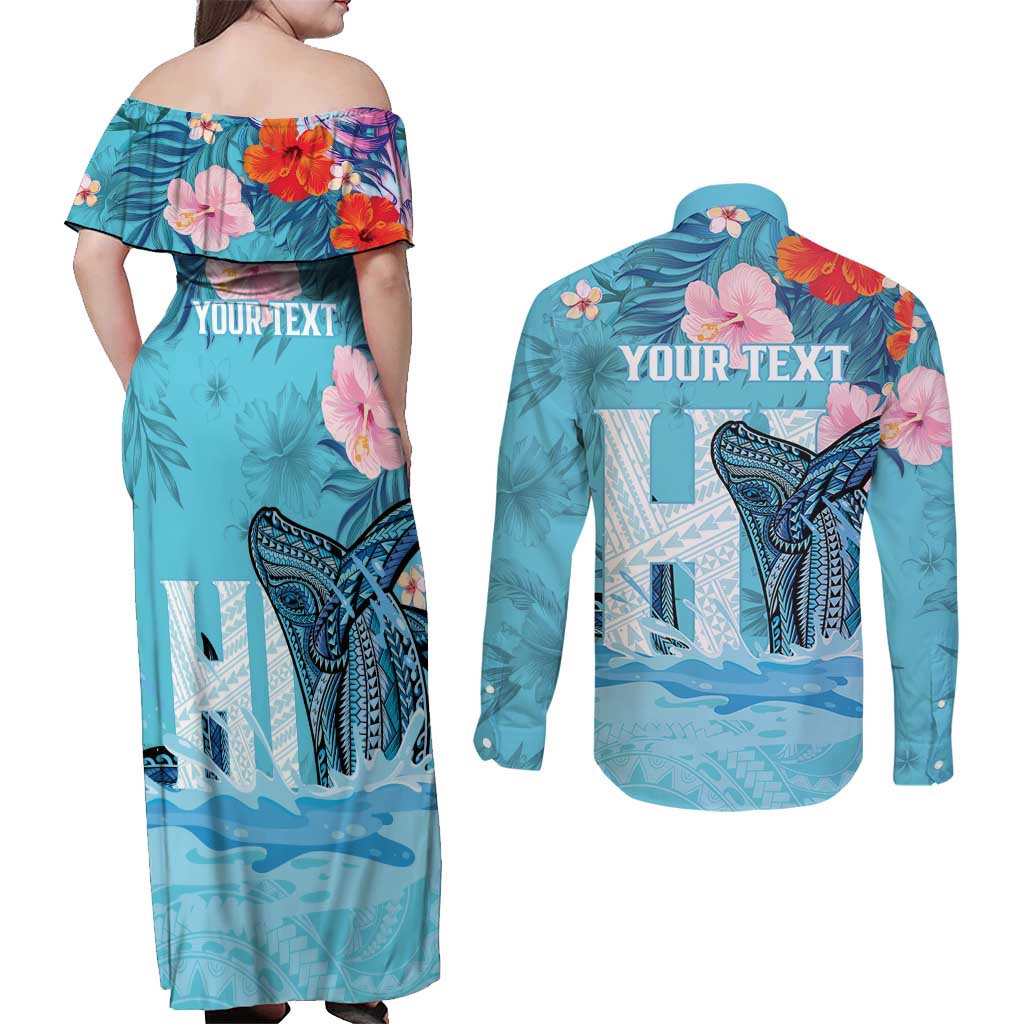 Personalised Hawaii Couples Matching Off Shoulder Maxi Dress and Long Sleeve Button Shirt Humpback Whale Tattoo With Tropical Flowers LT14 - Polynesian Pride