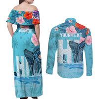 Personalised Hawaii Couples Matching Off Shoulder Maxi Dress and Long Sleeve Button Shirt Humpback Whale Tattoo With Tropical Flowers LT14 - Polynesian Pride