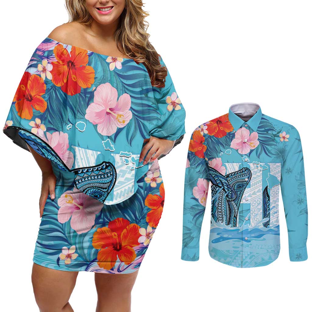 Personalised Hawaii Couples Matching Off Shoulder Short Dress and Long Sleeve Button Shirt Humpback Whale Tattoo With Tropical Flowers LT14 Blue - Polynesian Pride