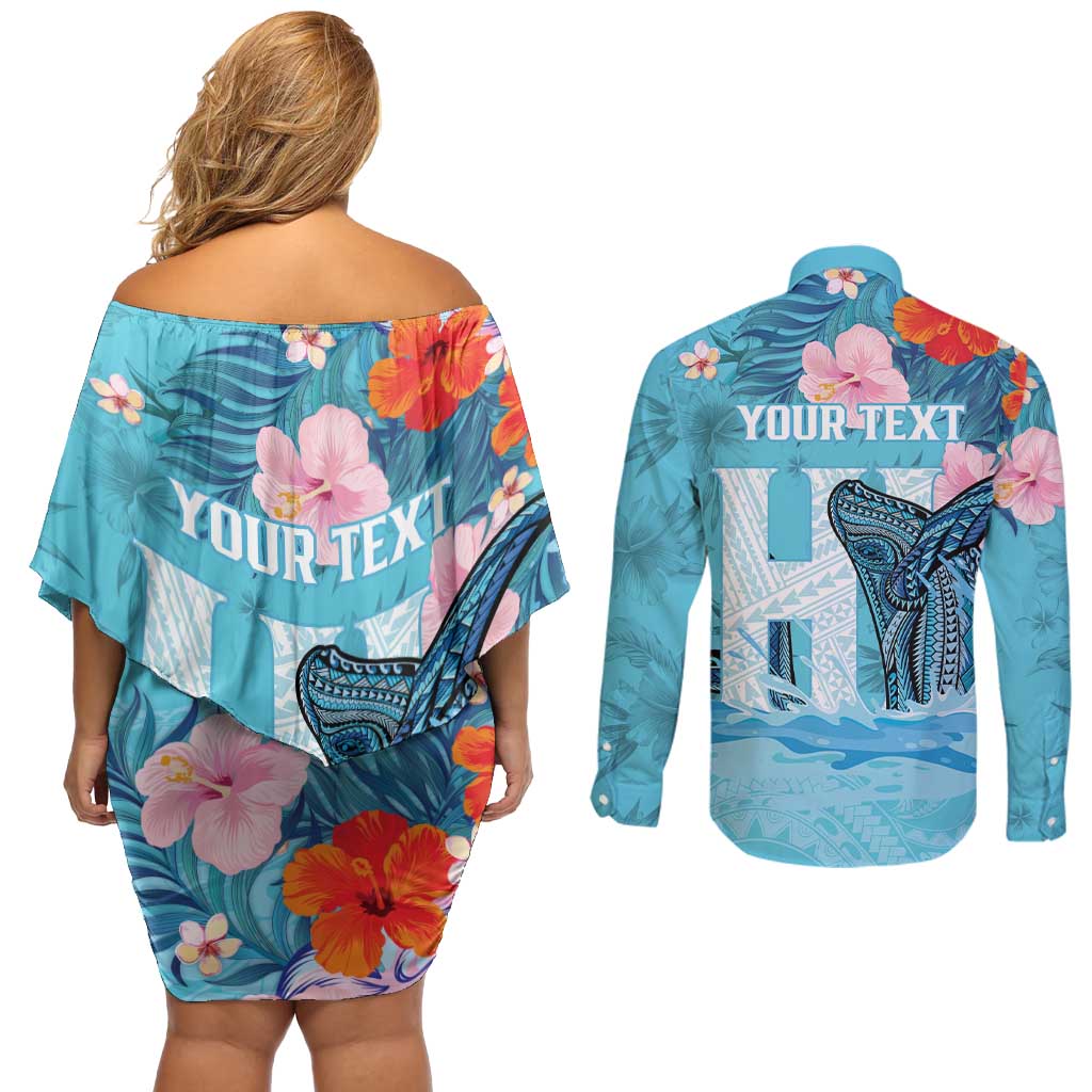 Personalised Hawaii Couples Matching Off Shoulder Short Dress and Long Sleeve Button Shirt Humpback Whale Tattoo With Tropical Flowers LT14 - Polynesian Pride