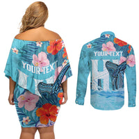 Personalised Hawaii Couples Matching Off Shoulder Short Dress and Long Sleeve Button Shirt Humpback Whale Tattoo With Tropical Flowers LT14 - Polynesian Pride