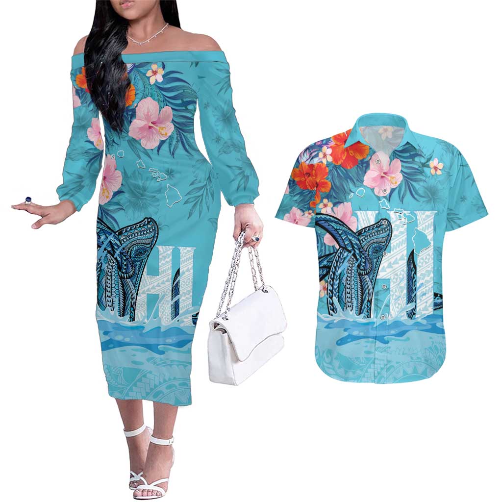 Personalised Hawaii Couples Matching Off The Shoulder Long Sleeve Dress and Hawaiian Shirt Humpback Whale Tattoo With Tropical Flowers LT14 Blue - Polynesian Pride