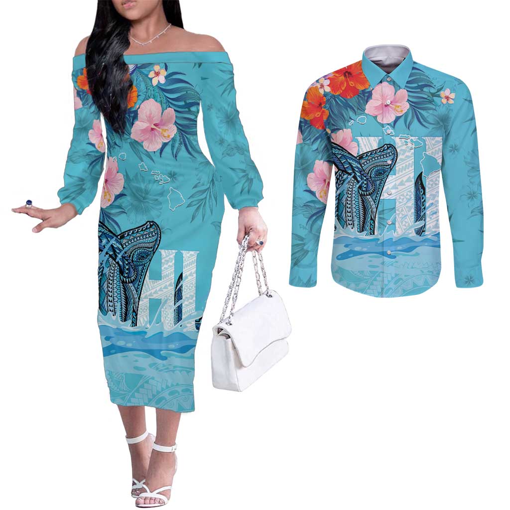 Personalised Hawaii Couples Matching Off The Shoulder Long Sleeve Dress and Long Sleeve Button Shirt Humpback Whale Tattoo With Tropical Flowers LT14 Blue - Polynesian Pride