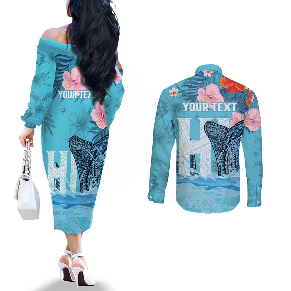 Personalised Hawaii Couples Matching Off The Shoulder Long Sleeve Dress and Long Sleeve Button Shirt Humpback Whale Tattoo With Tropical Flowers LT14 - Polynesian Pride